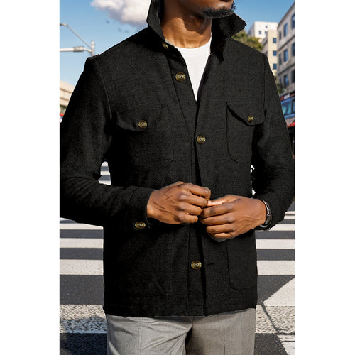 Modern utility jacket for men with practical high collar and applied pockets Lune London