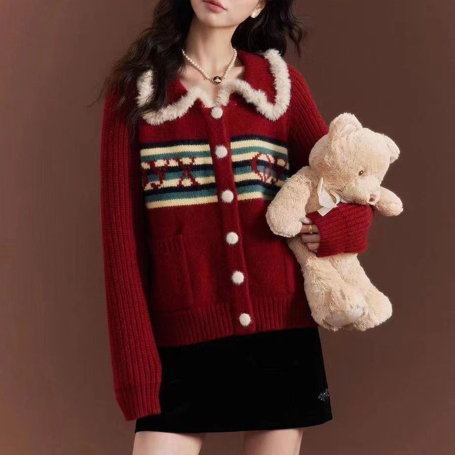 Knit jacket for women with a colorful pattern and a fluffy collar Lune London