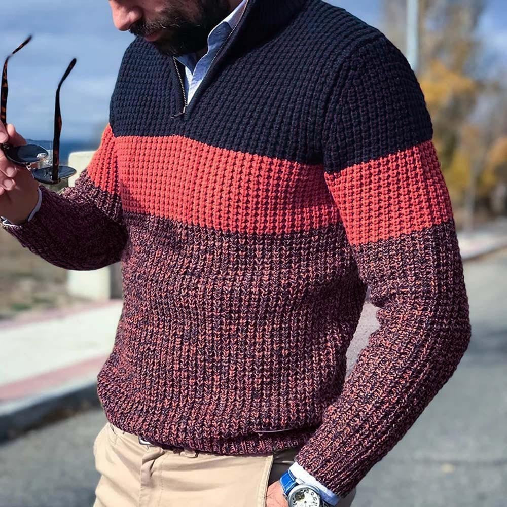 Men's Knitted Pullover with Textured Surface and Half Zipper Lune London