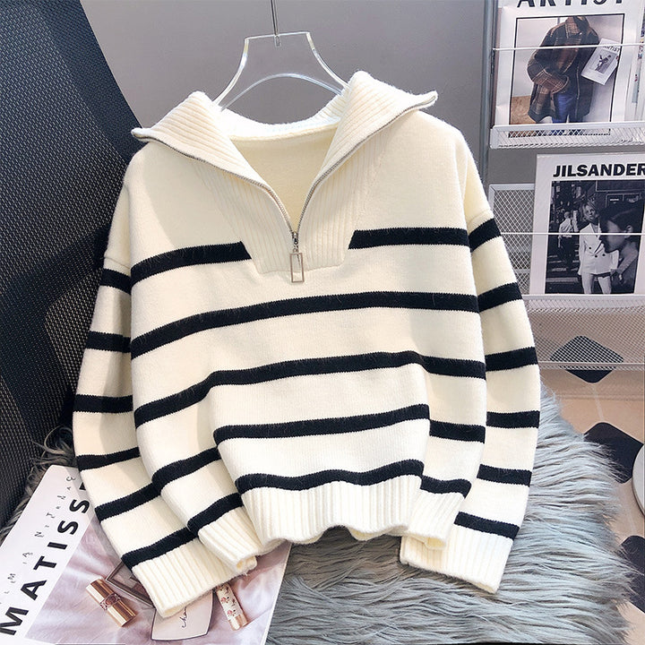 Women's turtleneck sweater with trendy zipper and striped pattern Lune London