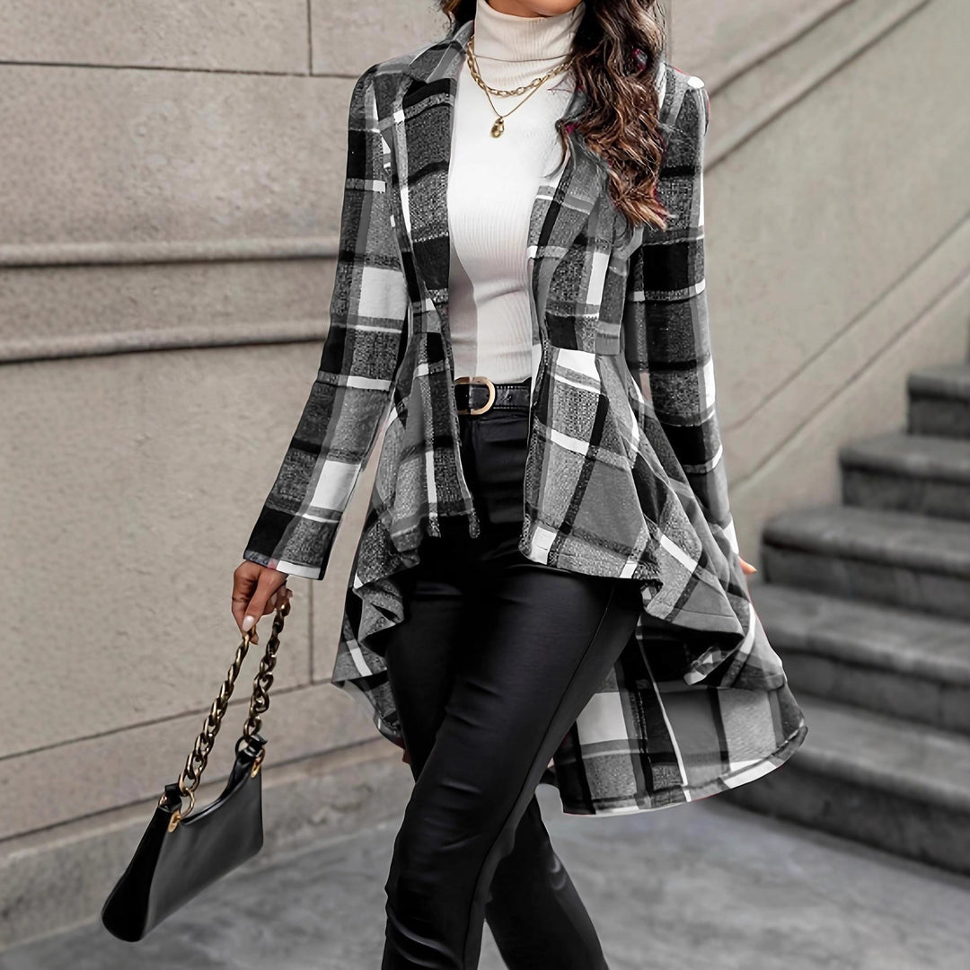 Women Elegant and Flowing Plaid Jacket with Asymmetrical Hem Lune London