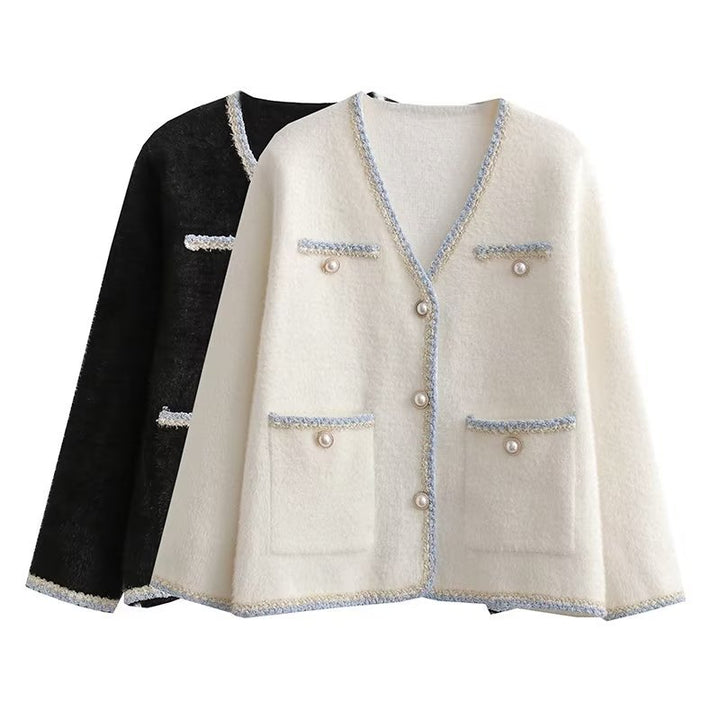 Elegant knitted cardigan for women with decorative pearl buttons and practical pockets Lune London
