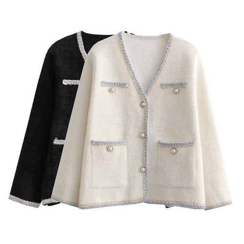 Elegant knitted cardigan for women with decorative pearl buttons and practical pockets Lune London