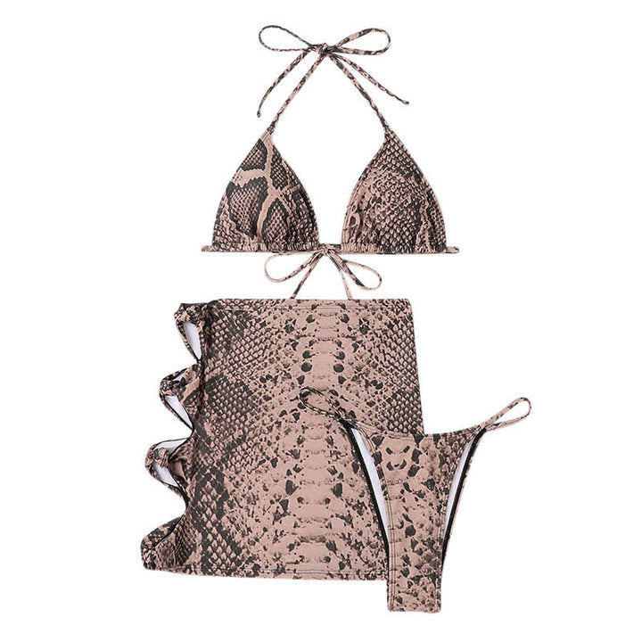 Triangle snake print bikini set for women with matching ruffled scarf Lune London