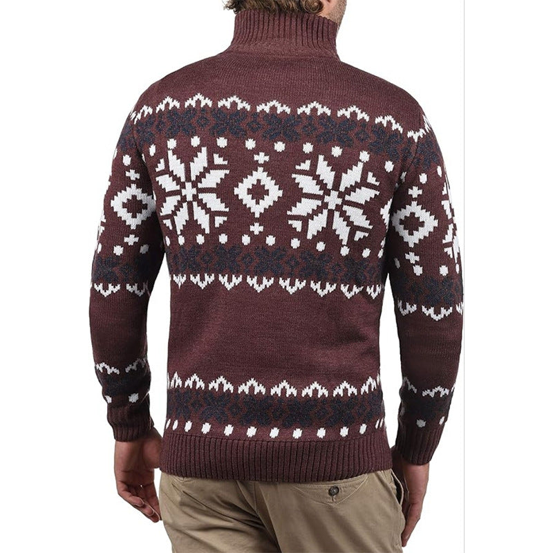Men's knitted sweater with half zipper and chic Christmas pattern