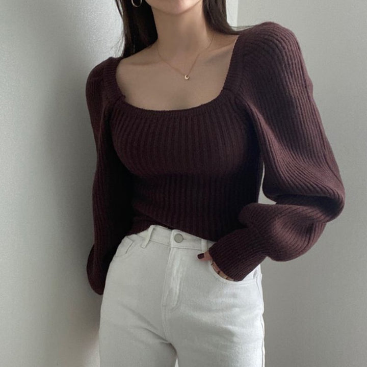 Fine knit sweater for women with a modern square neckline and flared sleeves Lune London