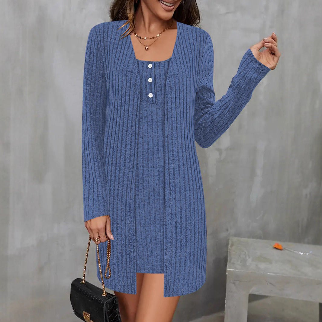 Knit dress for women with button details and matching cardigan Lune London