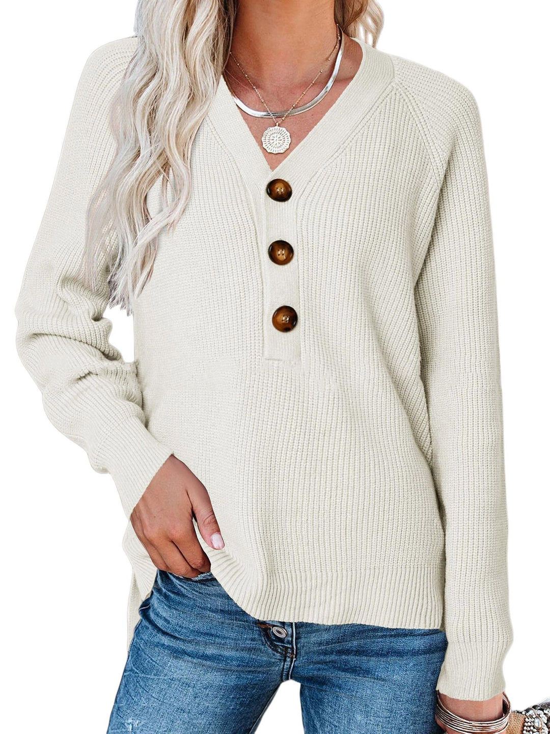 Women's cashmere sweater with V-neck and large wooden buttons Lune London