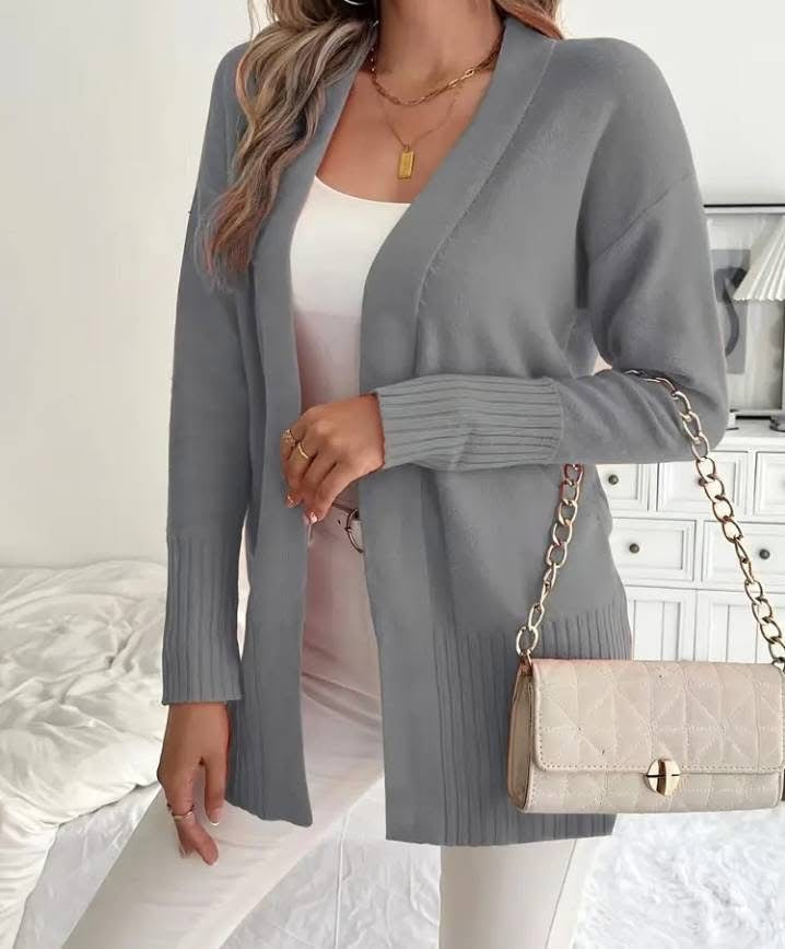Ladies Long Knit Cardigan with fine ribbed details and a relaxed fit Lune London