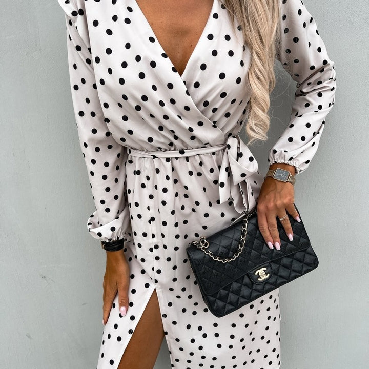 Polka dot wrap dress for women with a high slit Lune London