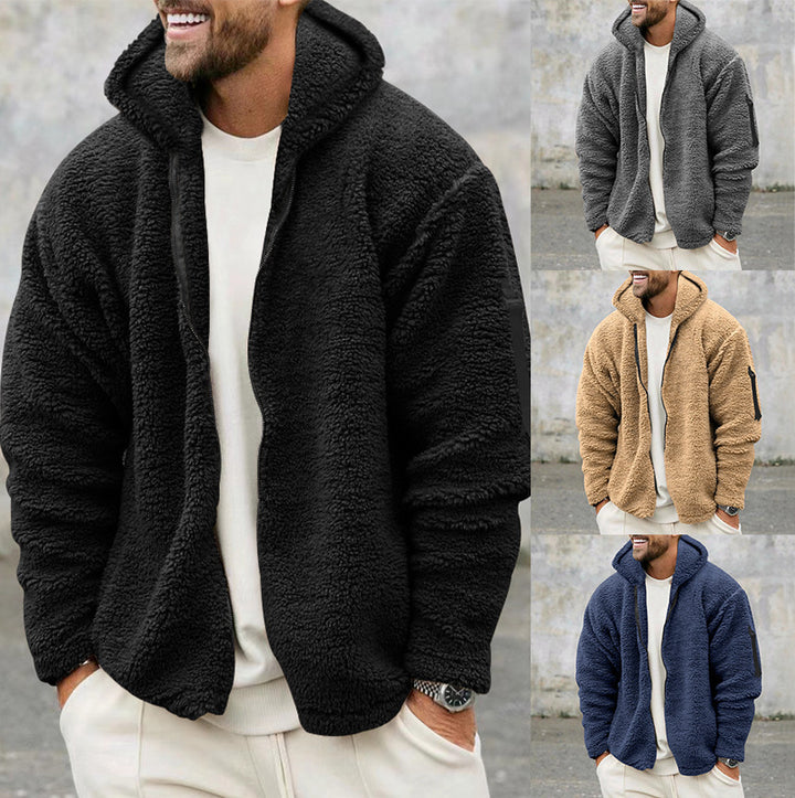 Cozy fleece jacket for men with hood and practical zippered pockets Lune London