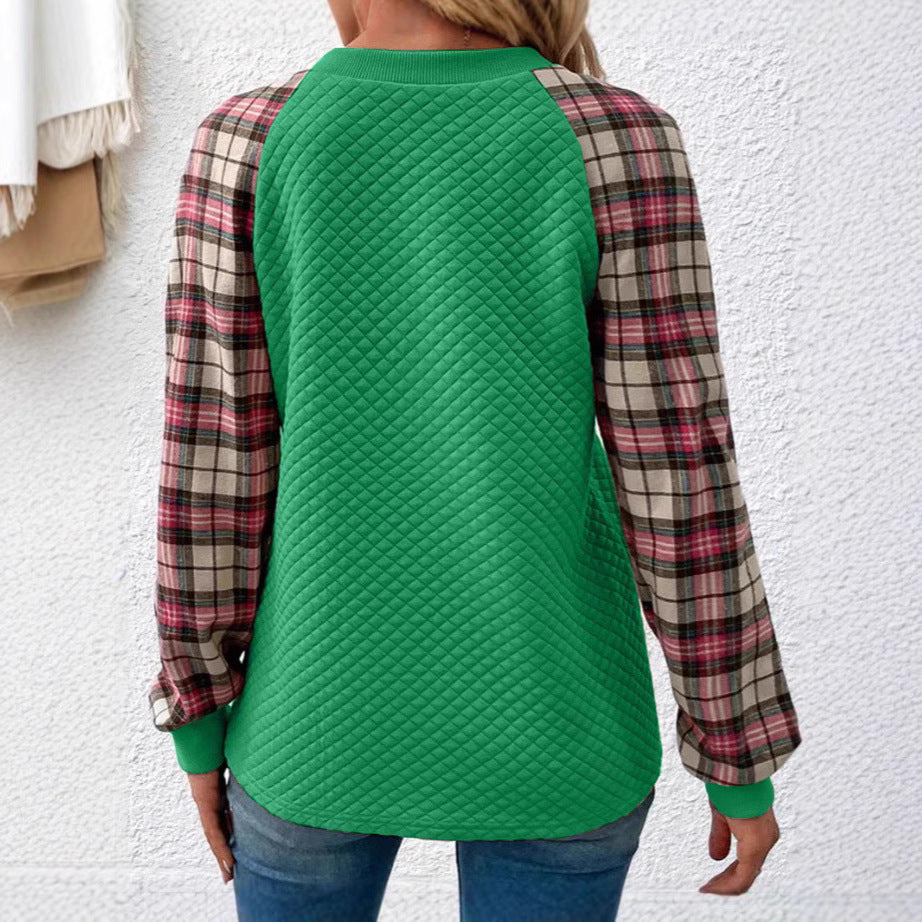 Women's Casual Sweatshirt with Quilted Design and Checkered Sleeves Lune London