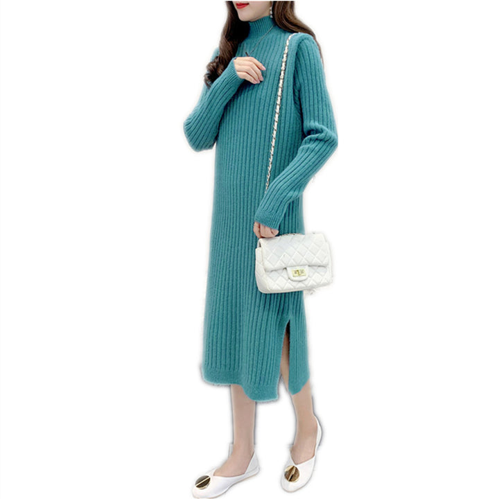 Maxi knit dress for women with high collar and fine ribbed structure Lune London