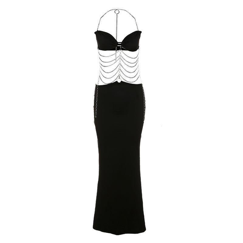 Ladies Elegant Maxi Dress with Chain Accents and Chic Slim Cut