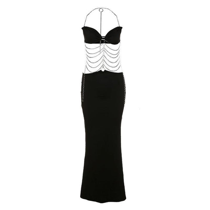Ladies Elegant Maxi Dress with Chain Accents and Chic Slim Cut
