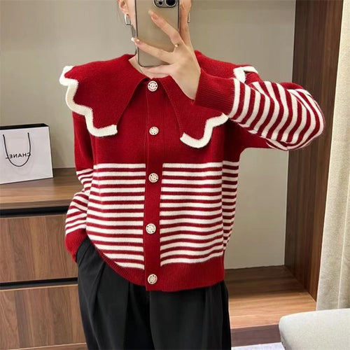 Knitted jacket for women with a large ruffled collar and contrasting stripes Lune London
