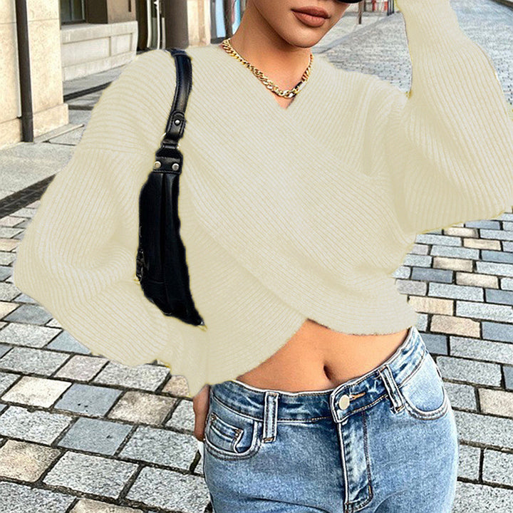 Ladies cozy wrap sweater with deep V-neck and wide sleeves Lune London