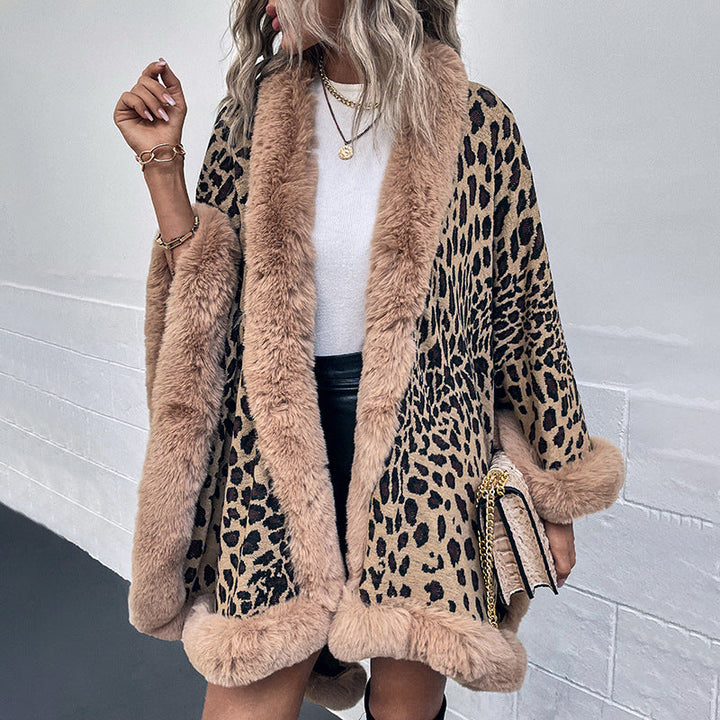 Women's Cozy Poncho with Luxurious Faux Fur Trim and Leopard Print Lune London