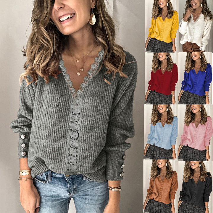 Wide knit sweater for women with V-neck and elegant button details Lune London