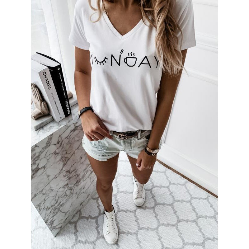 T-shirt pour femme avec lettrage créatif et col en V décontracté Chic & Stil