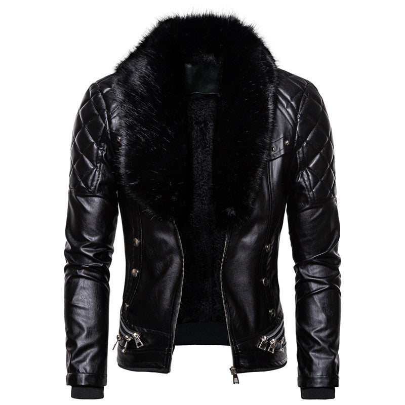 Men's synthetic leather jacket with removable fur collar and speckled surface structure Lune London