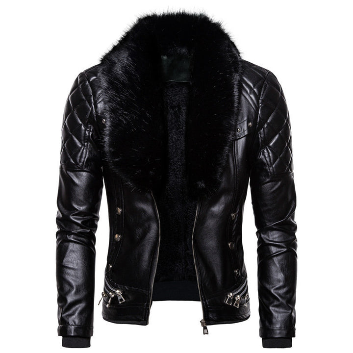Men's synthetic leather jacket with removable fur collar and speckled surface structure Lune London