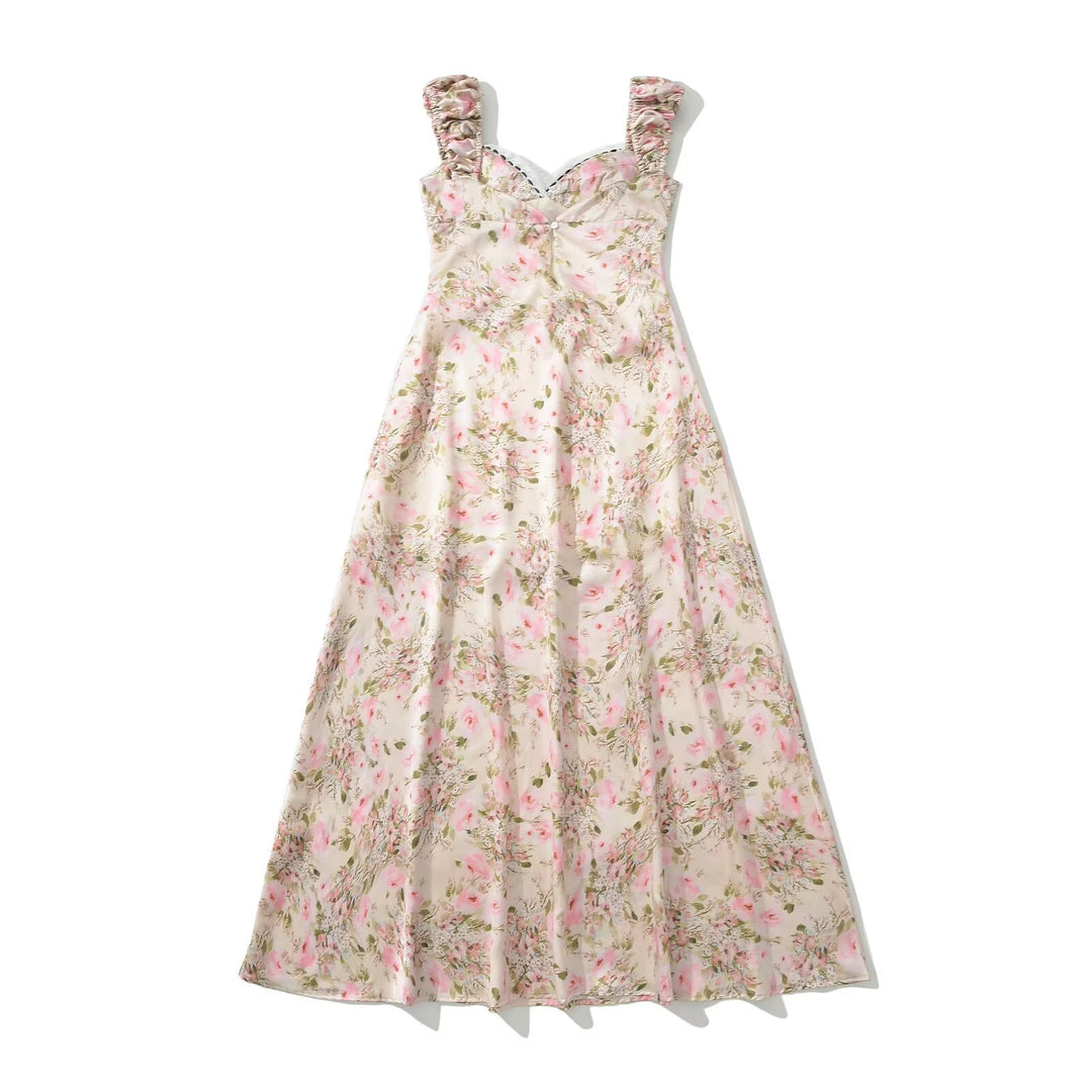 Maxi dress for women with floral design, frills, and elegant cut Lune London