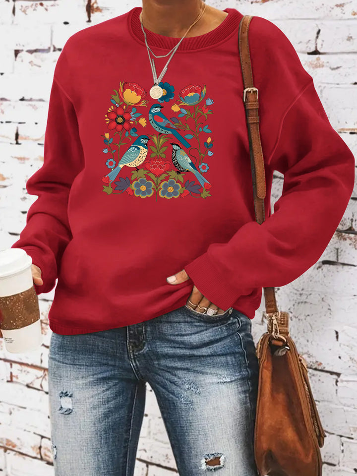 Sweatshirt pour femme avec motif floral d'oiseau et coupe décontractée Chic & Stil