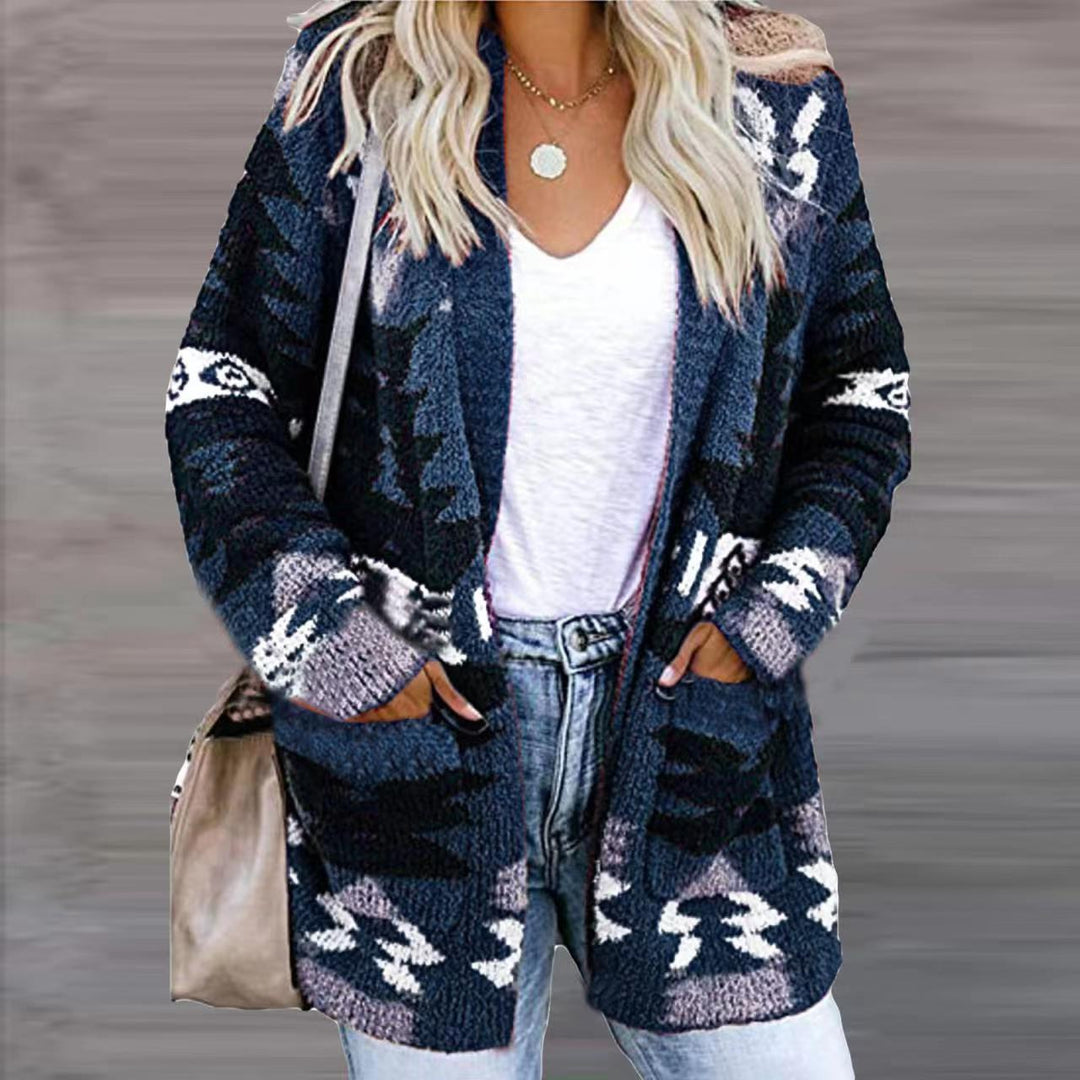 Ladies elegant cardigan with asymmetrical pattern and patch pockets Lune London