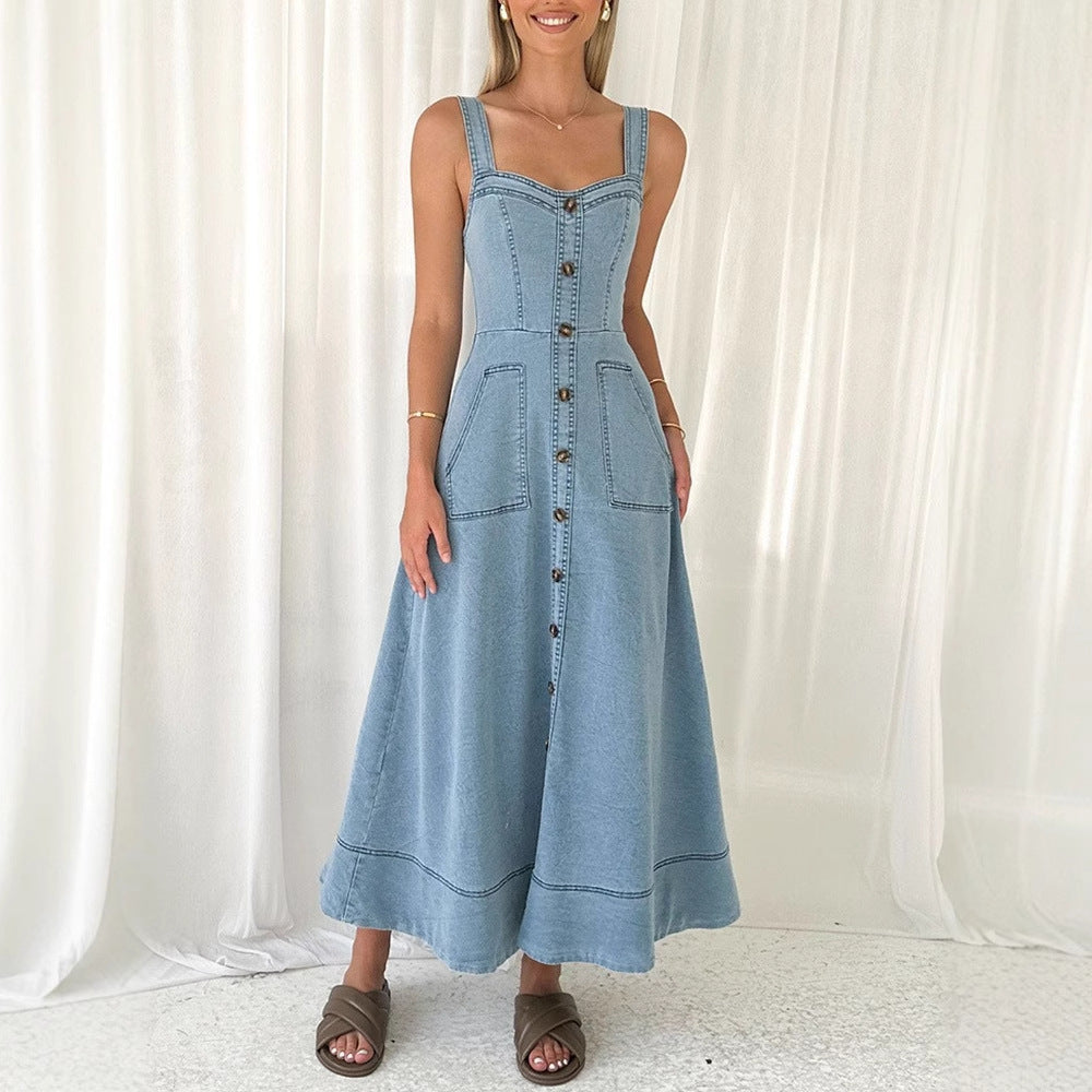 Maxi dress for women with button details and practical pockets Lune London