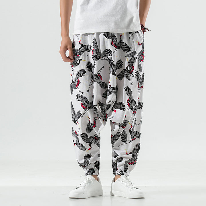 Casual and breathable men's harem pants with a unique crane pattern Lune London
