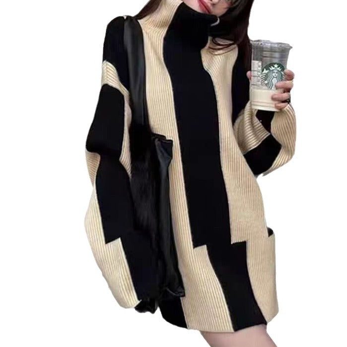 Oversized knit dress for ladies with high collar and graphic pattern Lune London