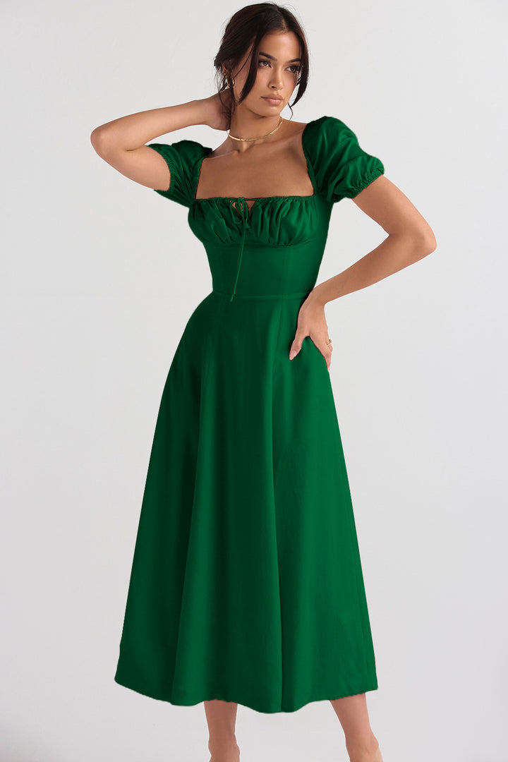 Elegant Midi Dress for Women with Puff Sleeves and Chic Refined Neckline & Style