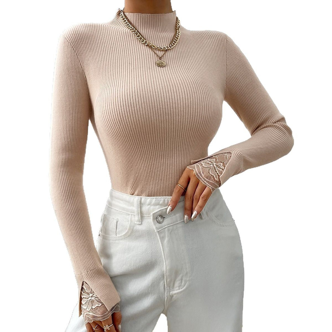 Long sweater with long sleeves for women with lace sleeves and fitted cut Lune London