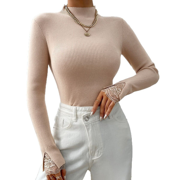 Long sweater with long sleeves for women with lace sleeves and fitted cut Lune London