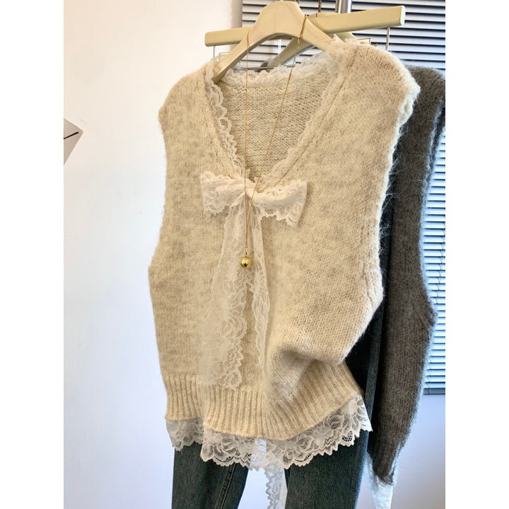 Gilet en tricot pour femmes avec un col en dentelle romantique et un détail de nœud décoratif