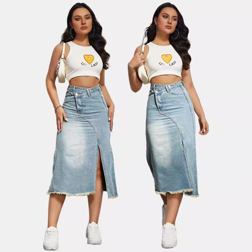 Women's midi denim skirt with high waist and stylish fringe hem