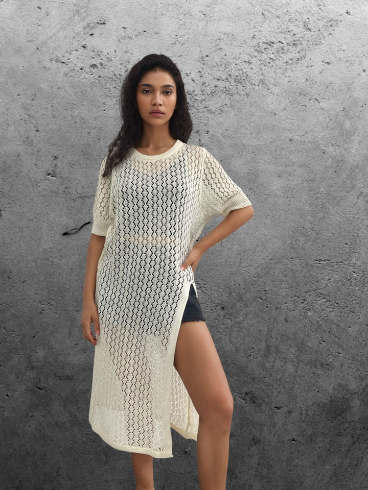 Ladies long knitted kimono with open design and breathable mesh structure Chic and Style