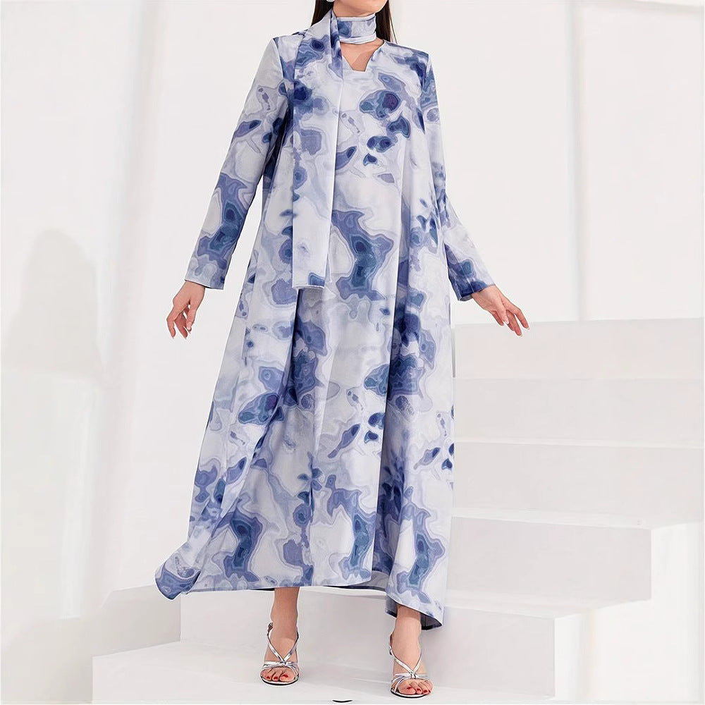 Maxi dress for women with artistic pattern and elegant high collar Lune London
