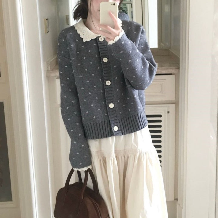 Knitted jacket for women with ruffled collar and button details Lune London