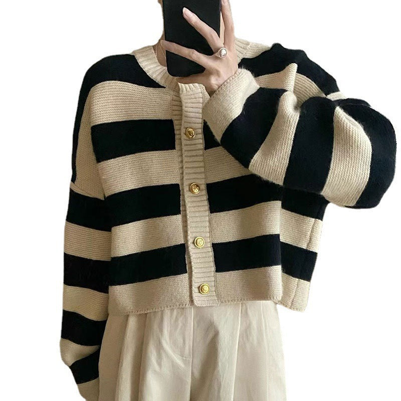 Women's knit jacket with decorative striped pattern and gold buttons Lune London
