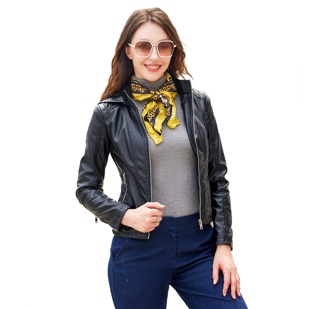 Elegant faux leather jacket for women with high collar and elastic cuffs Lune London