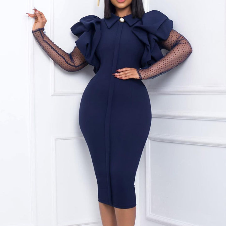 Sheath dress for ladies with puff sleeves and polka dot inserts Lune London