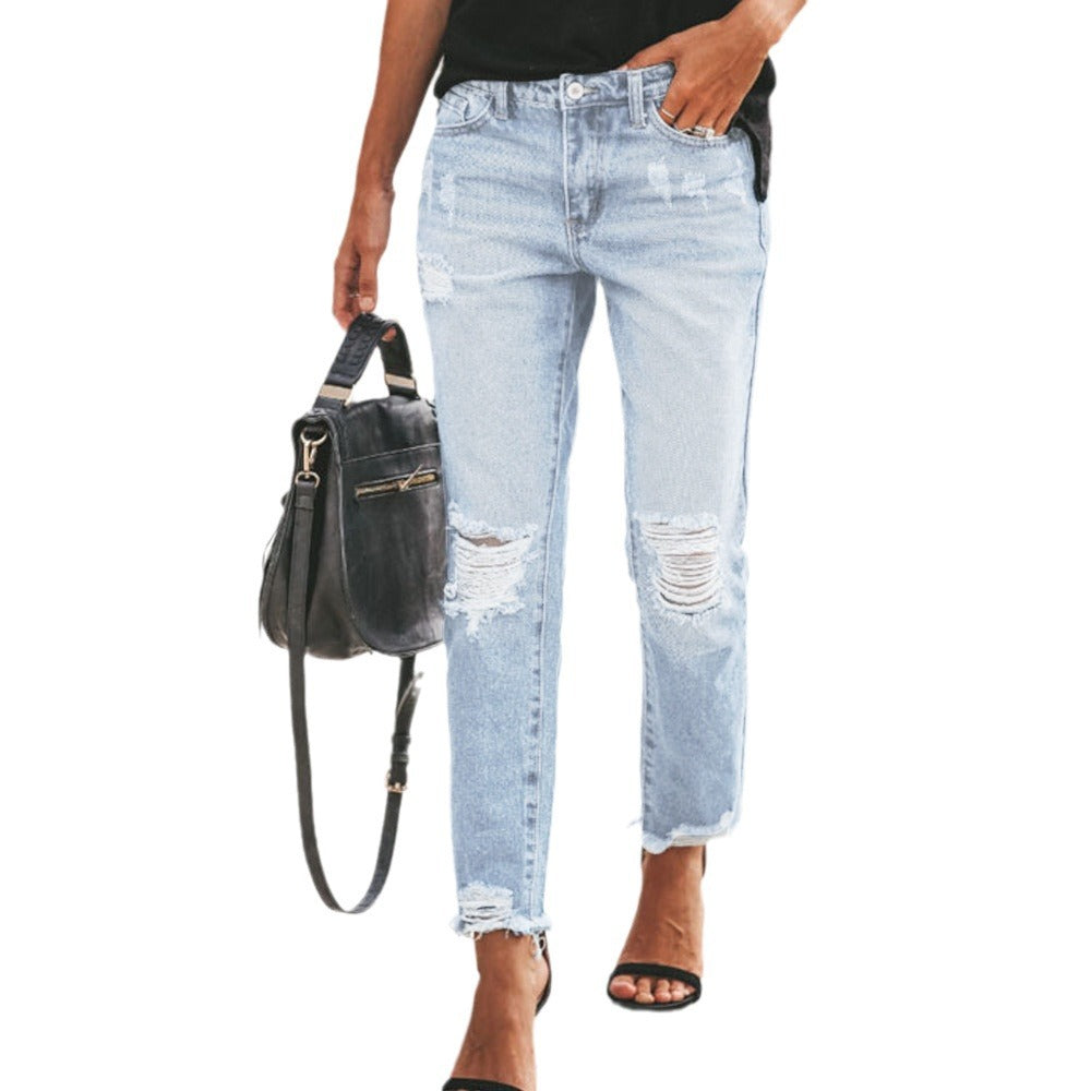 Women's Destroyed Mom Jeans with Fringes and Casual Fit Lune London