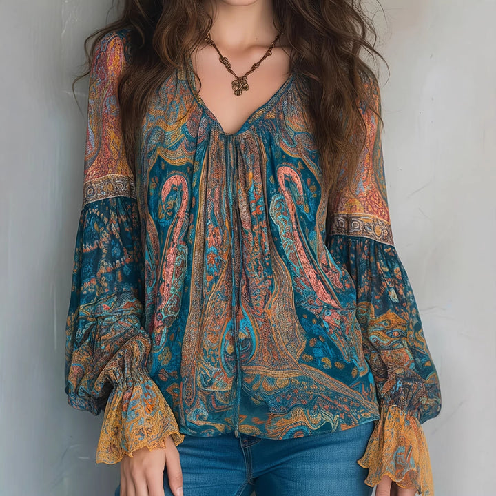 Women’s Boho-Chic Blouse with Flamed Sleeves and V-Neck Lune London