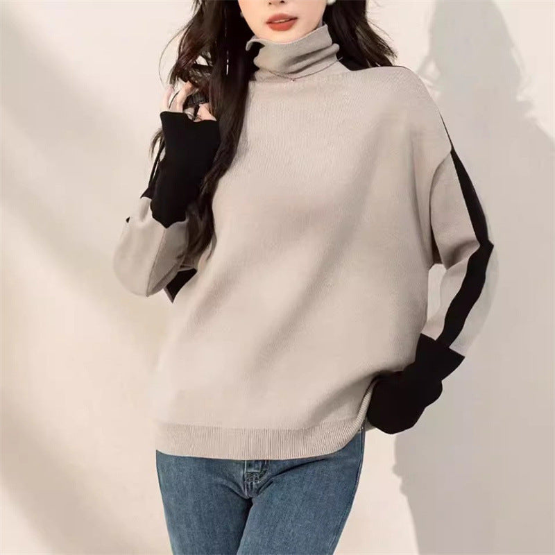 Femme Pull Col Roulé Décontracté avec Manches Contrastées Chic & Stil