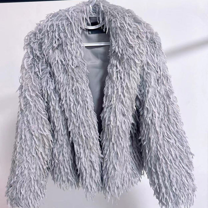 Ladies Short Cozy Jacket in Synthetic Fur with Chic and Stylish V-Neck