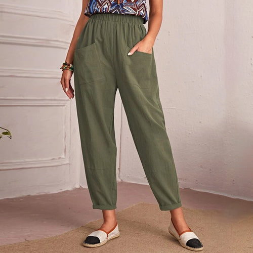 Women's Comfortable Utility Pants with Elastic Waistband and Practical Pockets