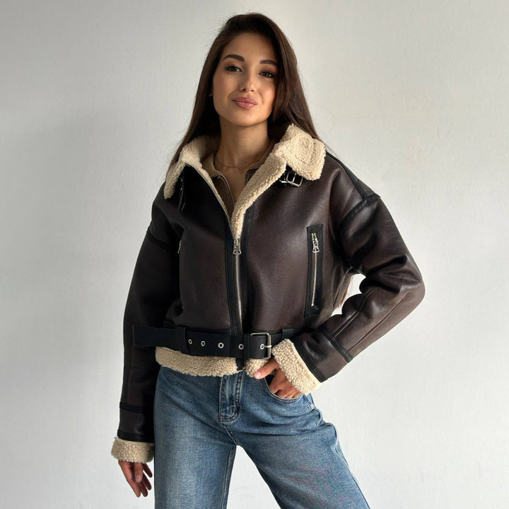 Faux leather jacket for women with high-quality fleece lining and sculpting belt Lune London