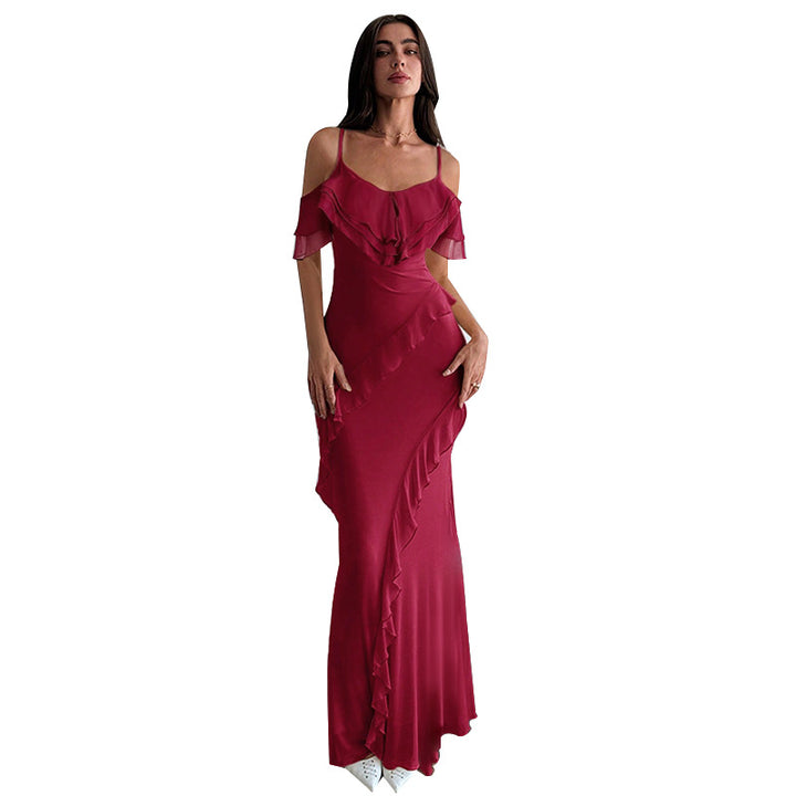 Women's elegant maxi dress with asymmetric ruffle design